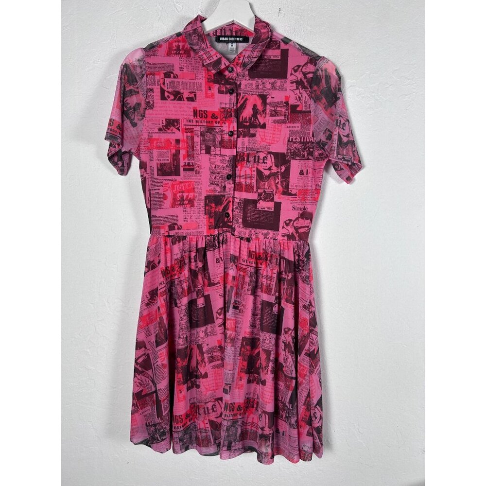 Urban Outfitters Newspaper Print Mesh Mini Shirt Dress Medium Pink Short Sleeve